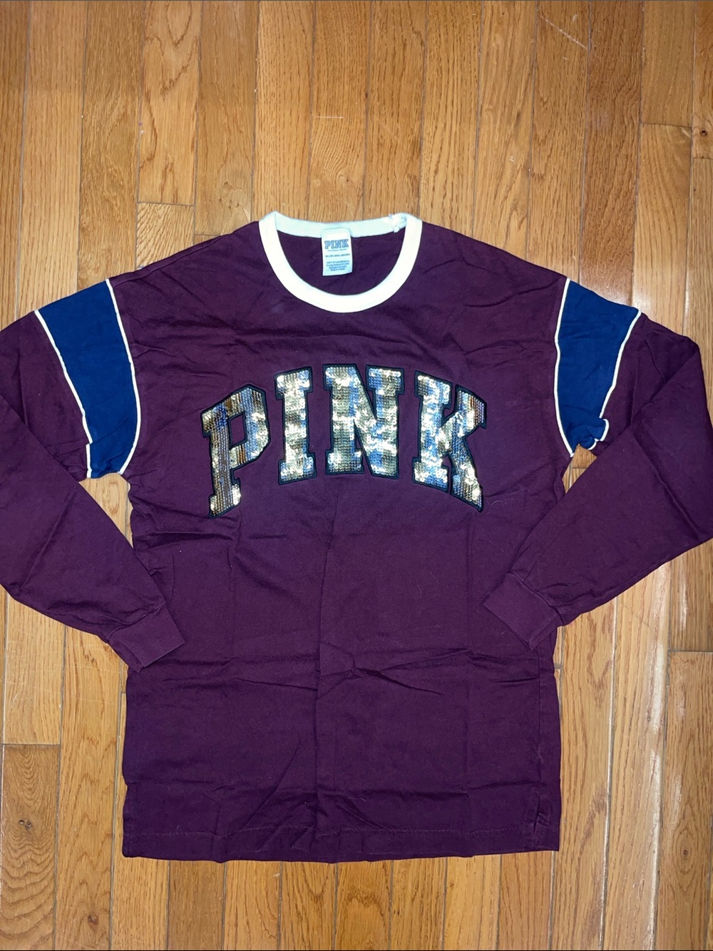 PINK Victoria's Secret Plum Long Sleeve Tee with Navy Panels and Sequin Logo